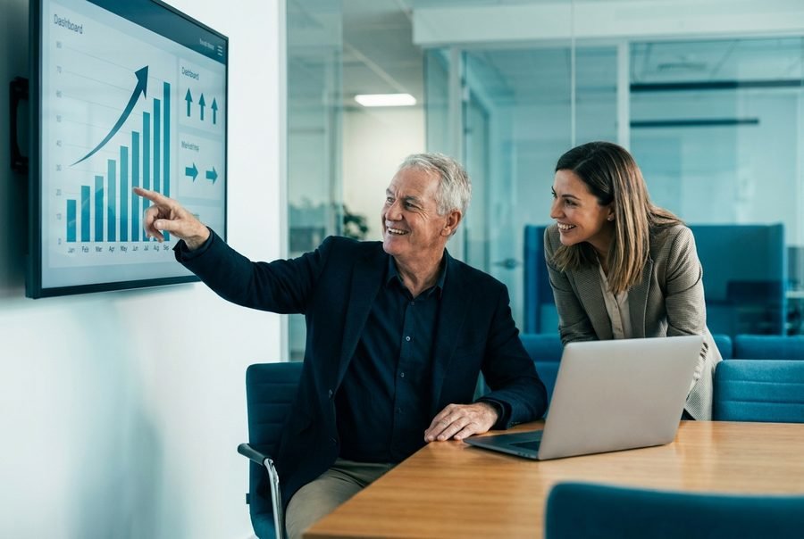 A marketing specialist showing a business owner a rising results dashboard
